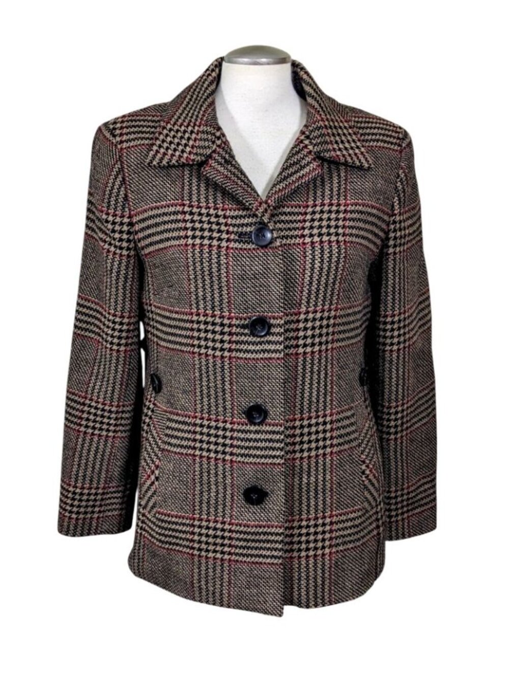 Talbots Vintage Blazer Jacket Womens Size 10 Black Red Tan Plaid Tweed Academia